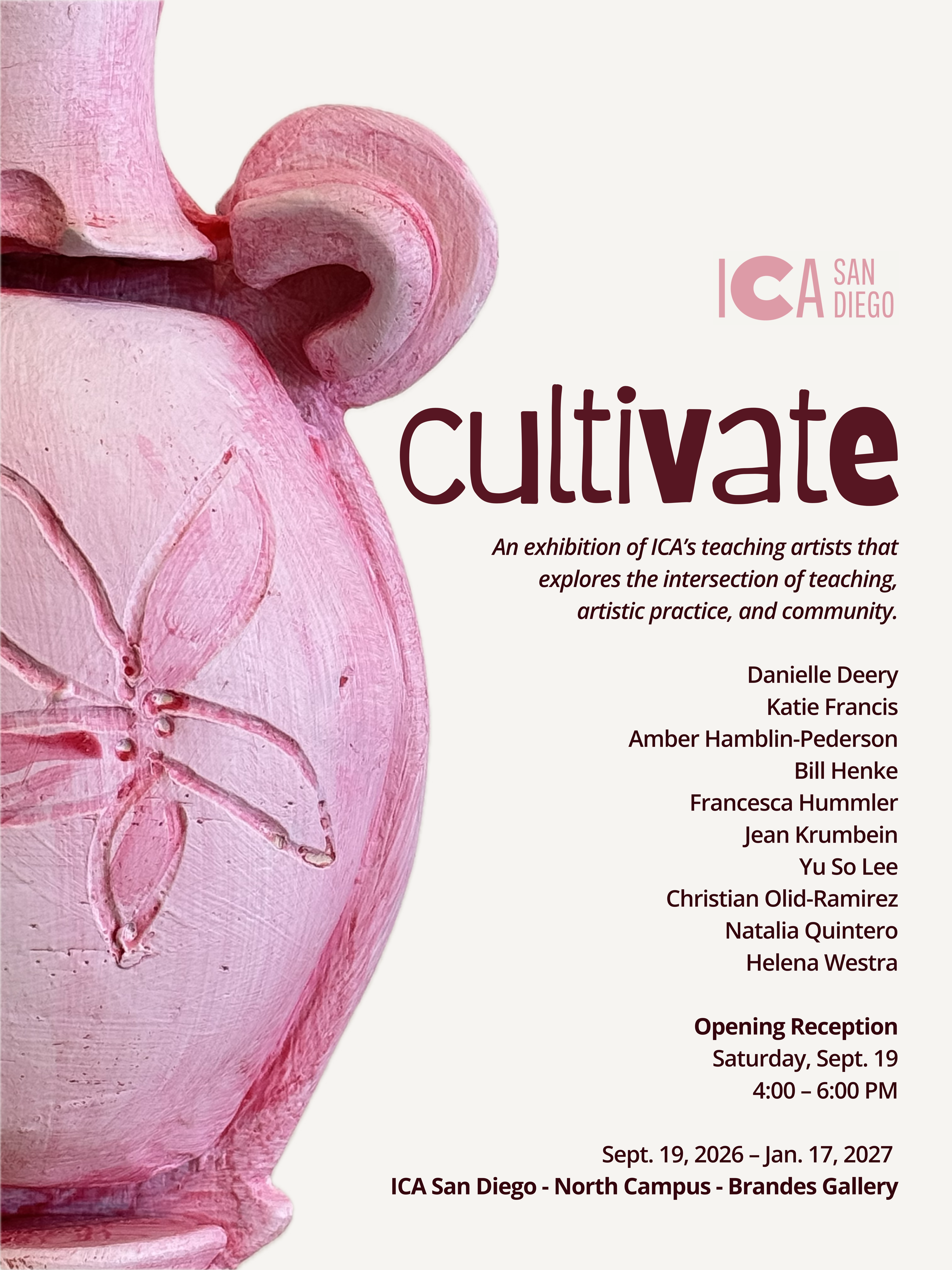 Cultivate exhibition poster featuring a pink sculptural vessel and exhibition details