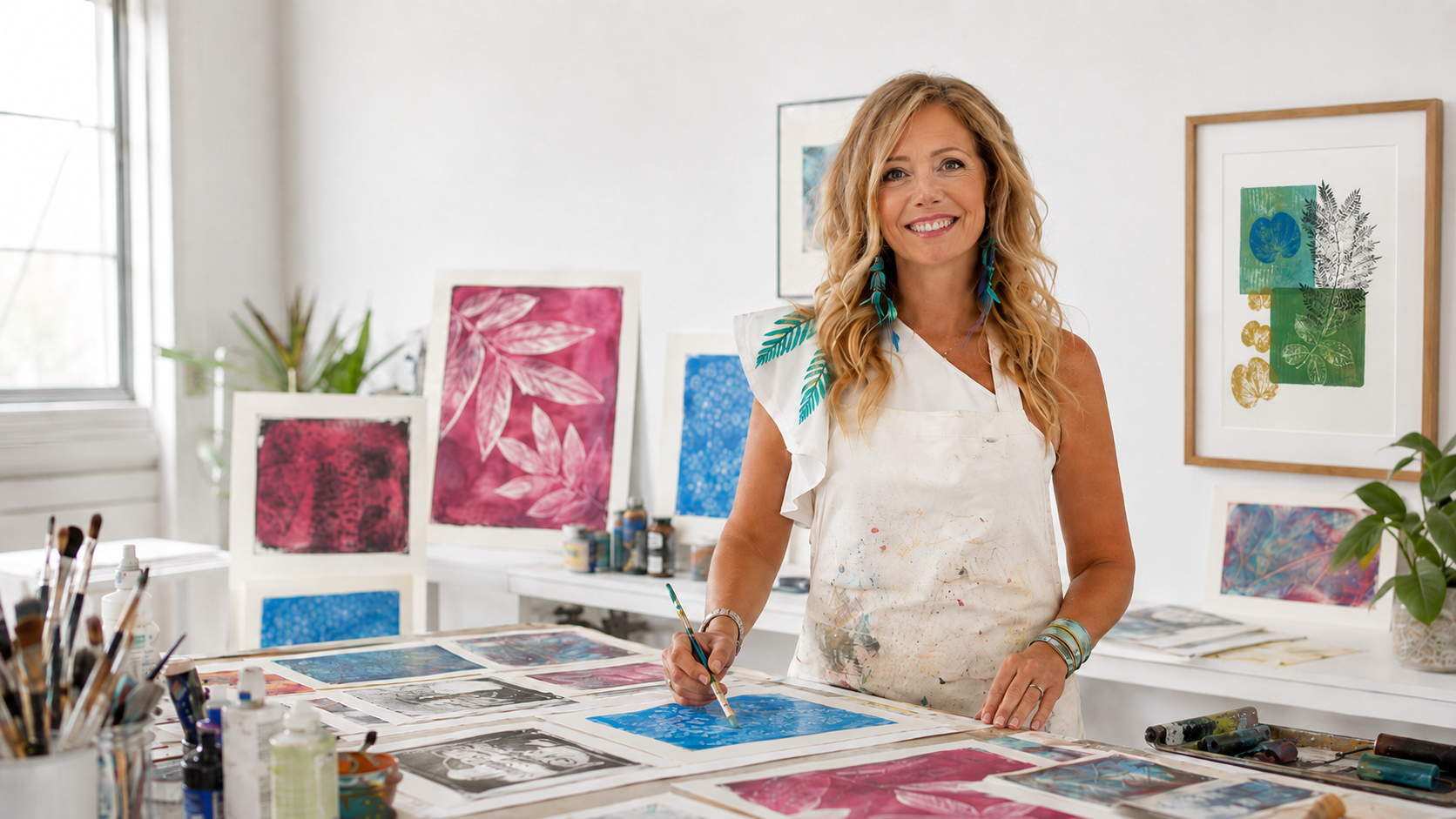 Danielle Deery laughing while painting in her sunlit California studio