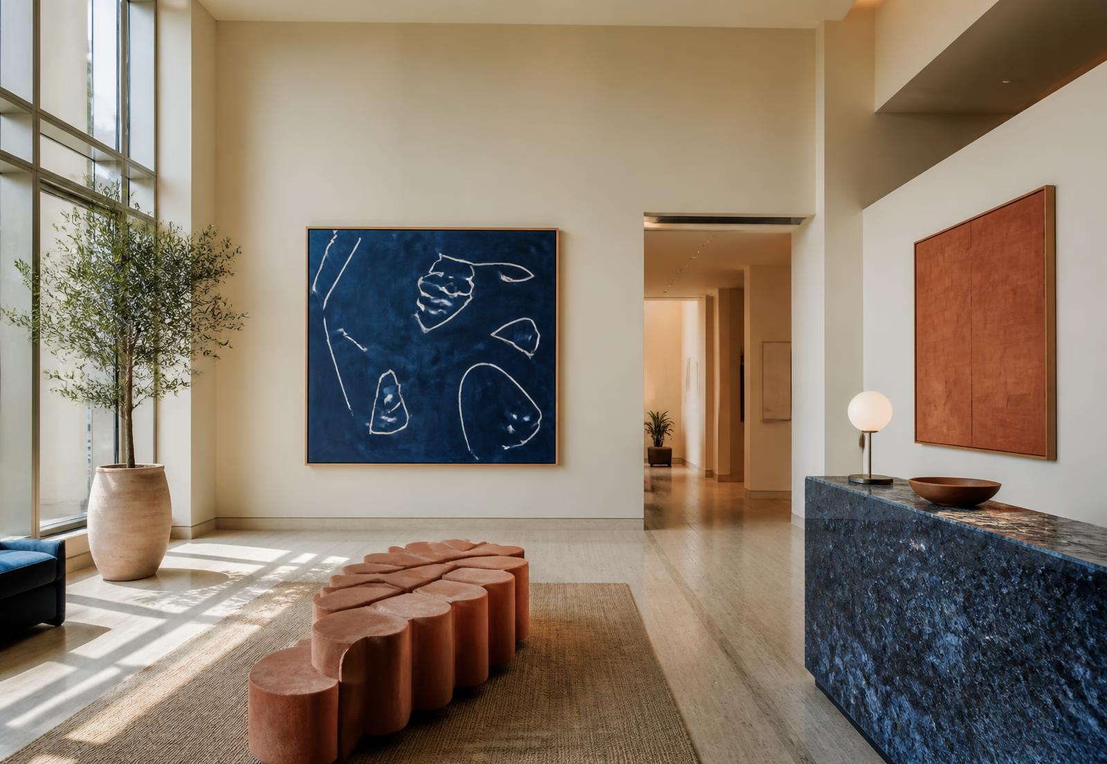 Curated contemporary artwork in a modern lobby