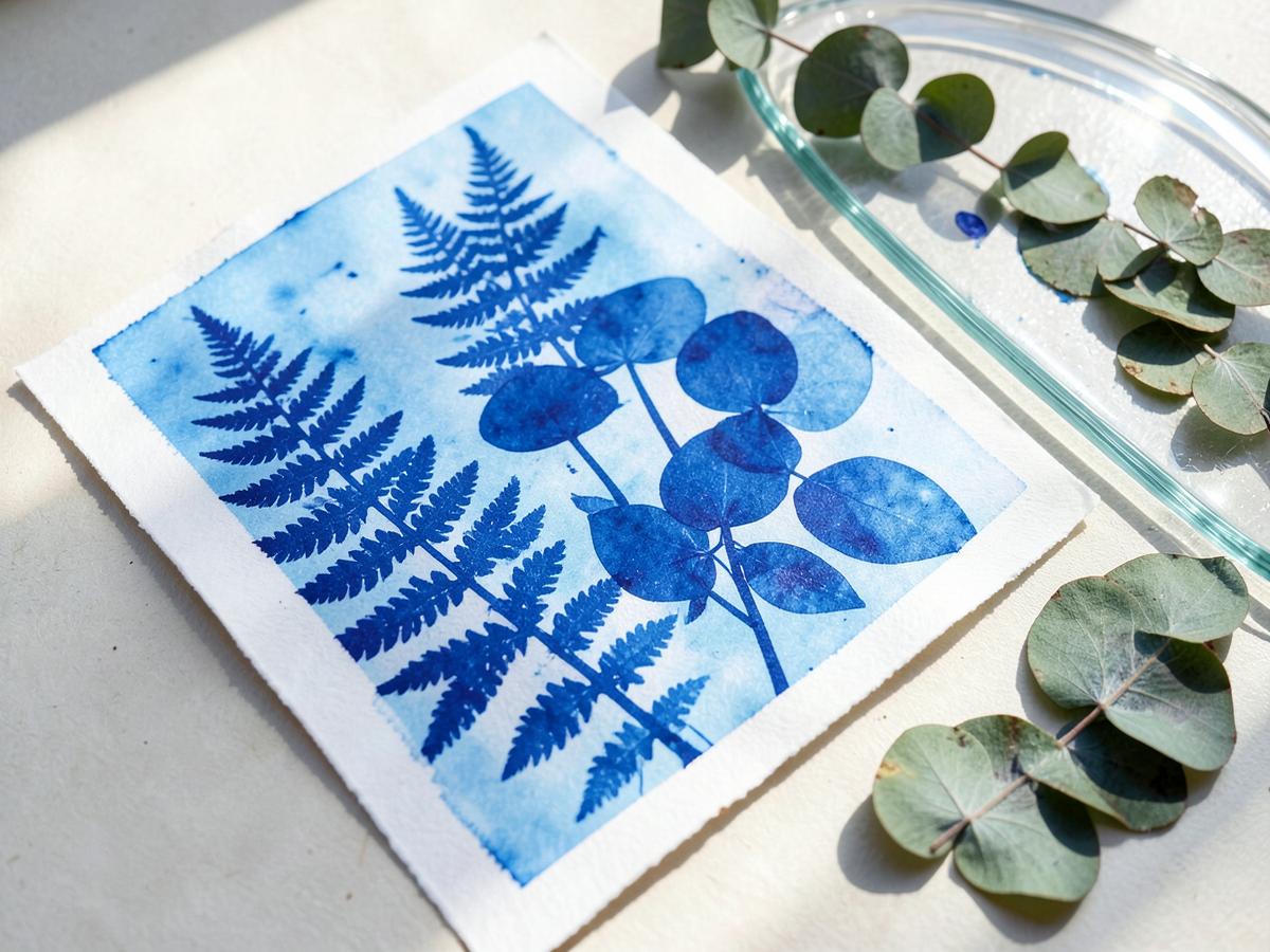 Deep blue cyanotype print of ferns and eucalyptus drying in sunlight