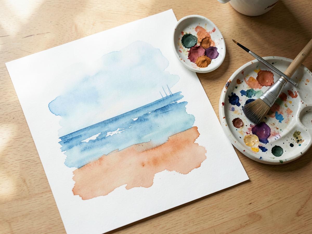 Watercolor seascape painting in progress beside a palette and brush on a wooden table