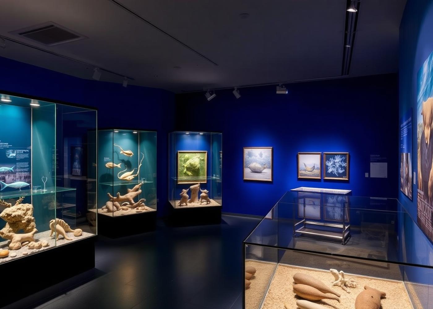 Museum exhibition about coastal habitats with vitrines and deep blue walls