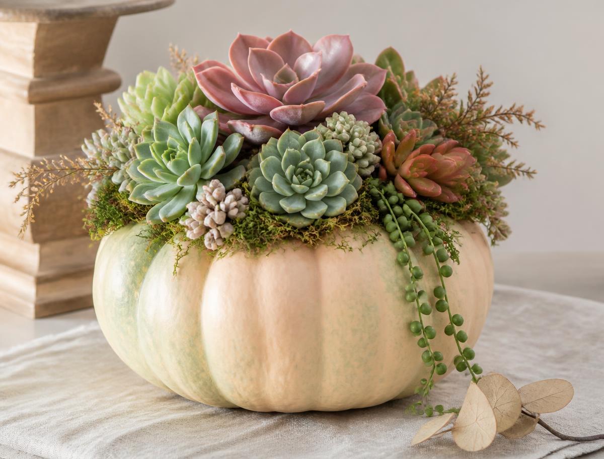 Finished pumpkin succulent arrangement with green and rose succulents on a pale heirloom pumpkin