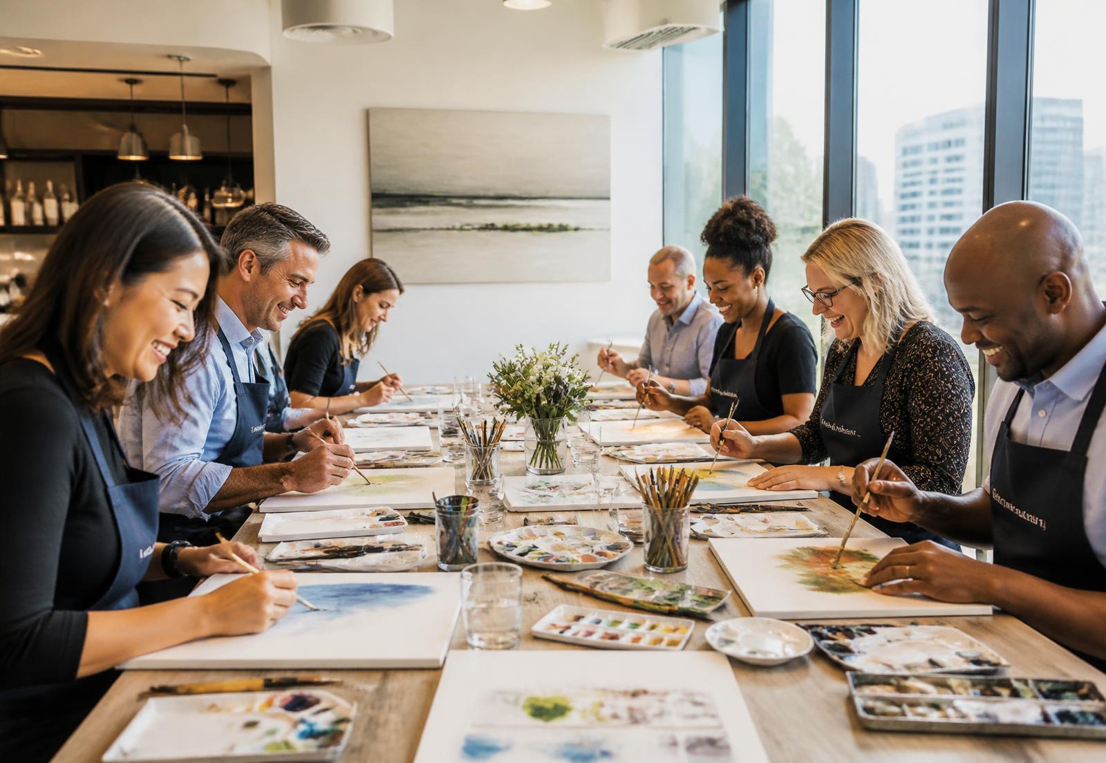 Team painting together at a long table